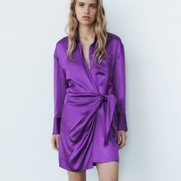 Zara Purple Satin Effect Wrap Dress Long Sleeve Collar Slip Dress Size Small - Picture 4 of 11
